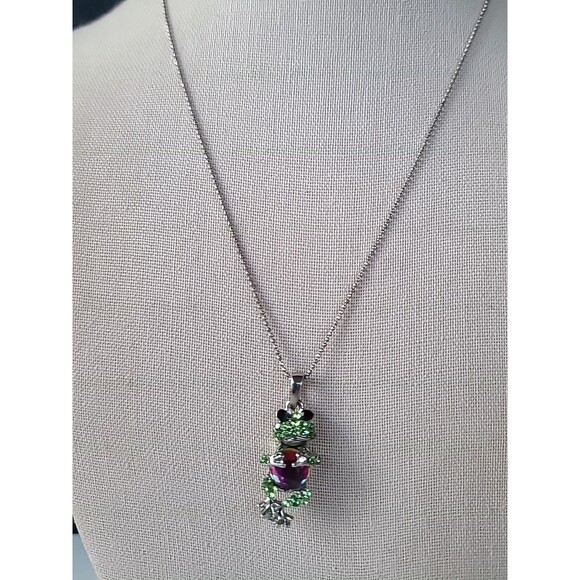 Silver Tone Adjustable Rhinestone Frog Pendant Necklace Vintage READ Description - Picture 2 of 10